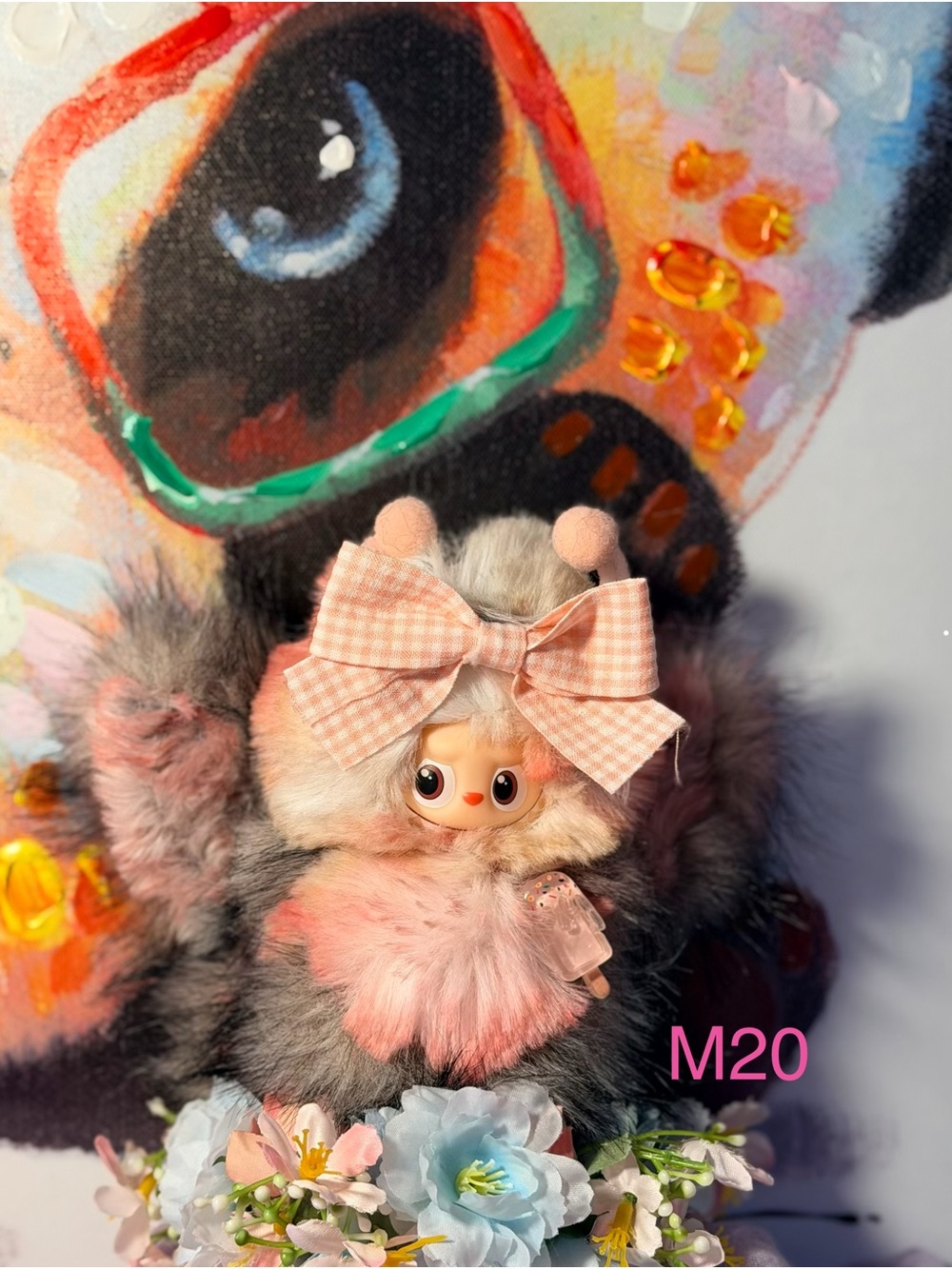 Pink & Gray Fluffy Plush Doll with Gingham Bow